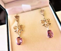 Art Nouveau Style Sterling Silver 3.5 ct Amethyst & Marcasite Earrings