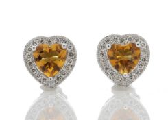 9k White Gold Citrine Heart Diamond Earring 0.18 Carats