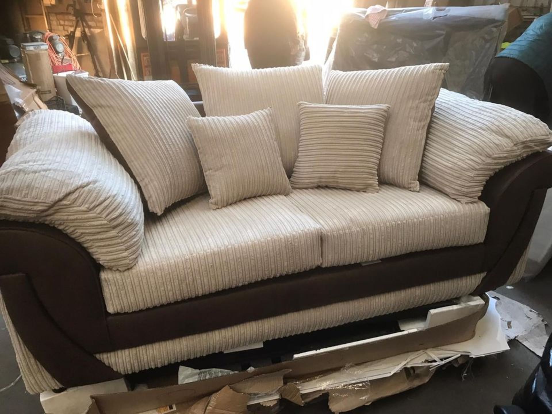 Louis 3 Seater Sofa in Mink and Brown fabric/faux leather. complete with reversible cushions - Image 6 of 6