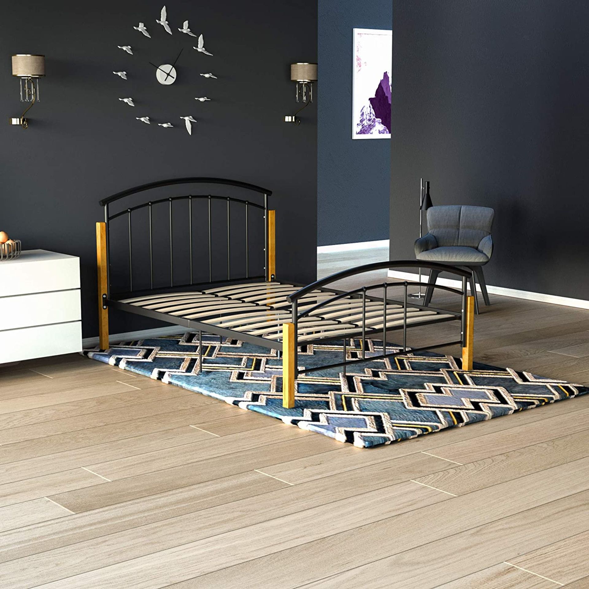 Vida Designs Venice Double Bed, Frame Metal & Wood Solid Headboard Low Foot End, Black - Image 2 of 5