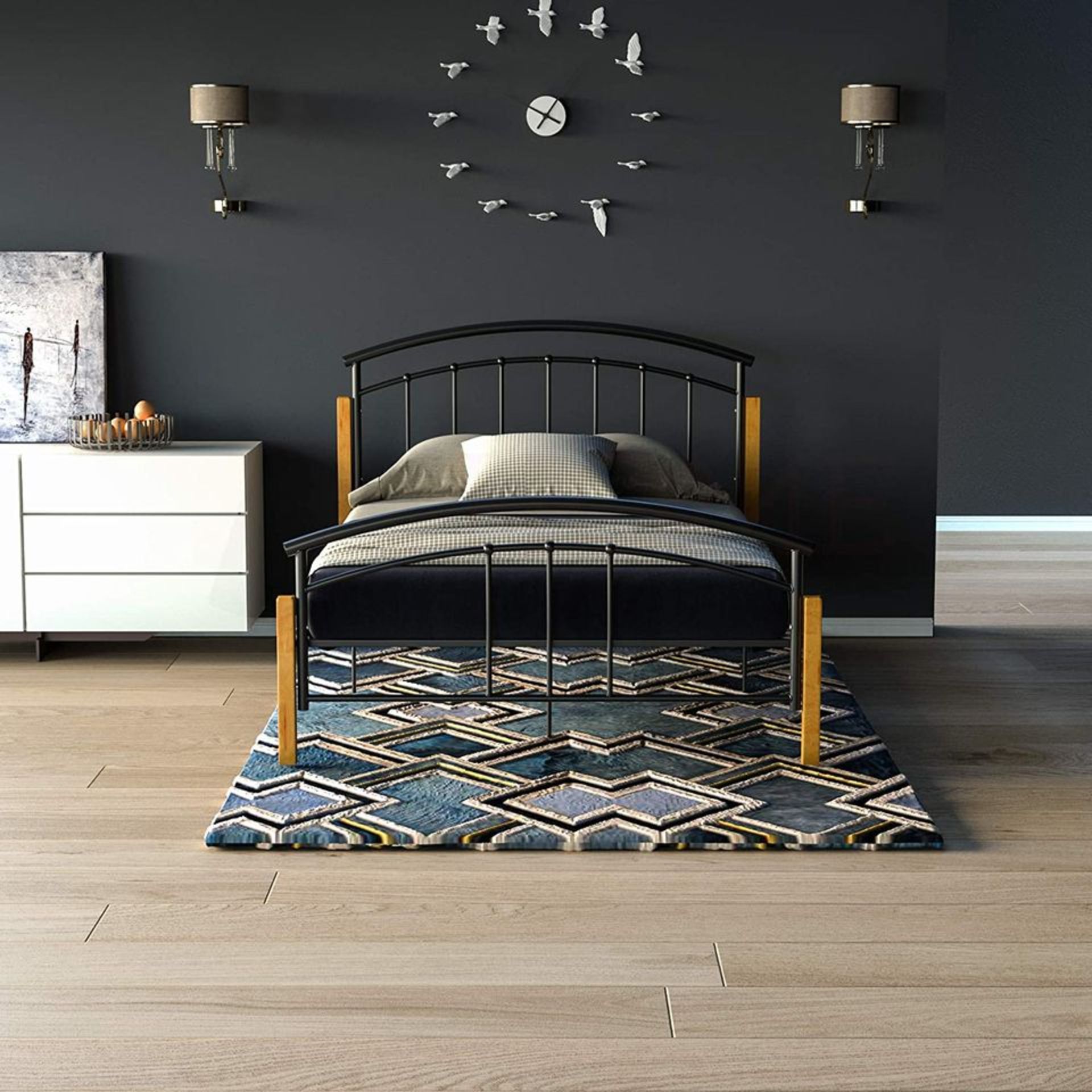Vida Designs Venice Double Bed, Frame Metal & Wood Solid Headboard Low Foot End, Black - Image 4 of 5