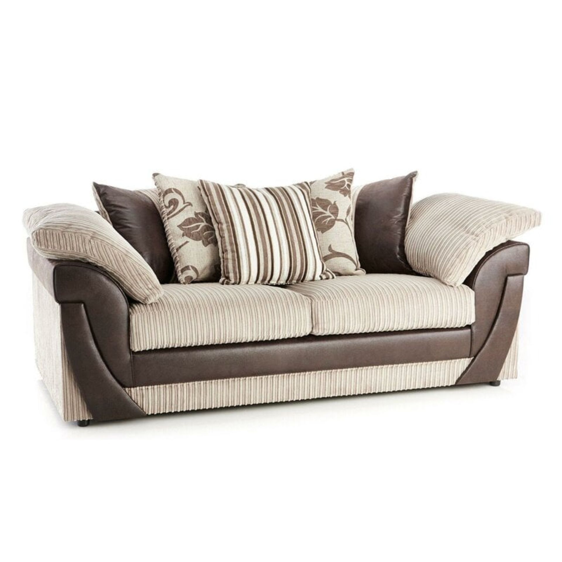 Louis 3 Seater Sofa in Mink and Brown fabric/faux leather. complete with reversible cushions - Image 5 of 6