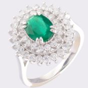 14K White Gold Cluster Ring 1.1 Ct. Natural Emerald - 1.00 Ct. Diamond