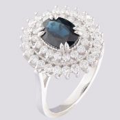 14K White Gold Cluster Ring 1.8 Ct. Natural Sapphire - 1.00 Ct. Diamond