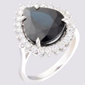 14K White Gold Cluster Ring - 5,75 Ct. Natural Sapphire - 0,60 Ct. Diamond
