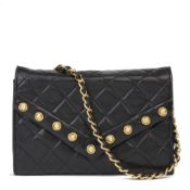 Chanel Black Quilted Lambskin Vintage Studded Envelope Single Flap Bag