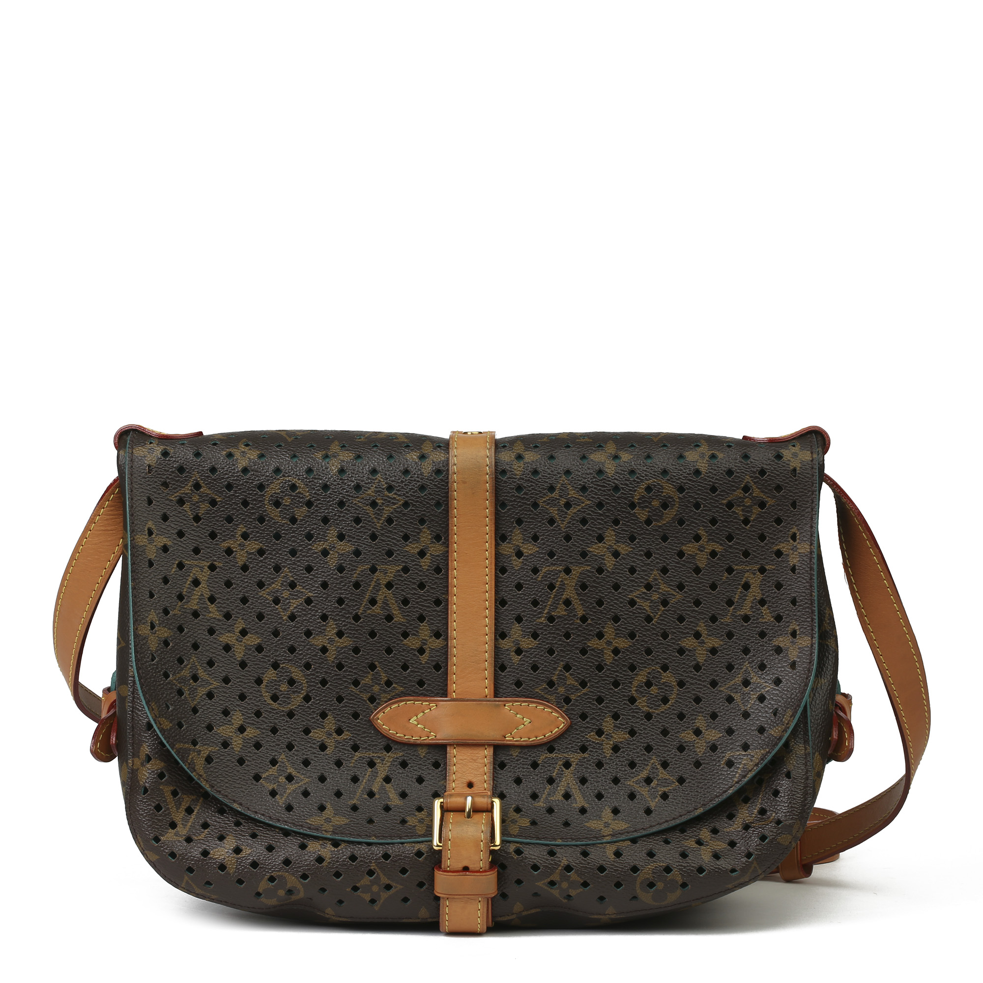 Louis Vuitton Brown Perforated Monogram Coated Canvas & Vachetta Leather Teal Saumur 30 - Image 10 of 14