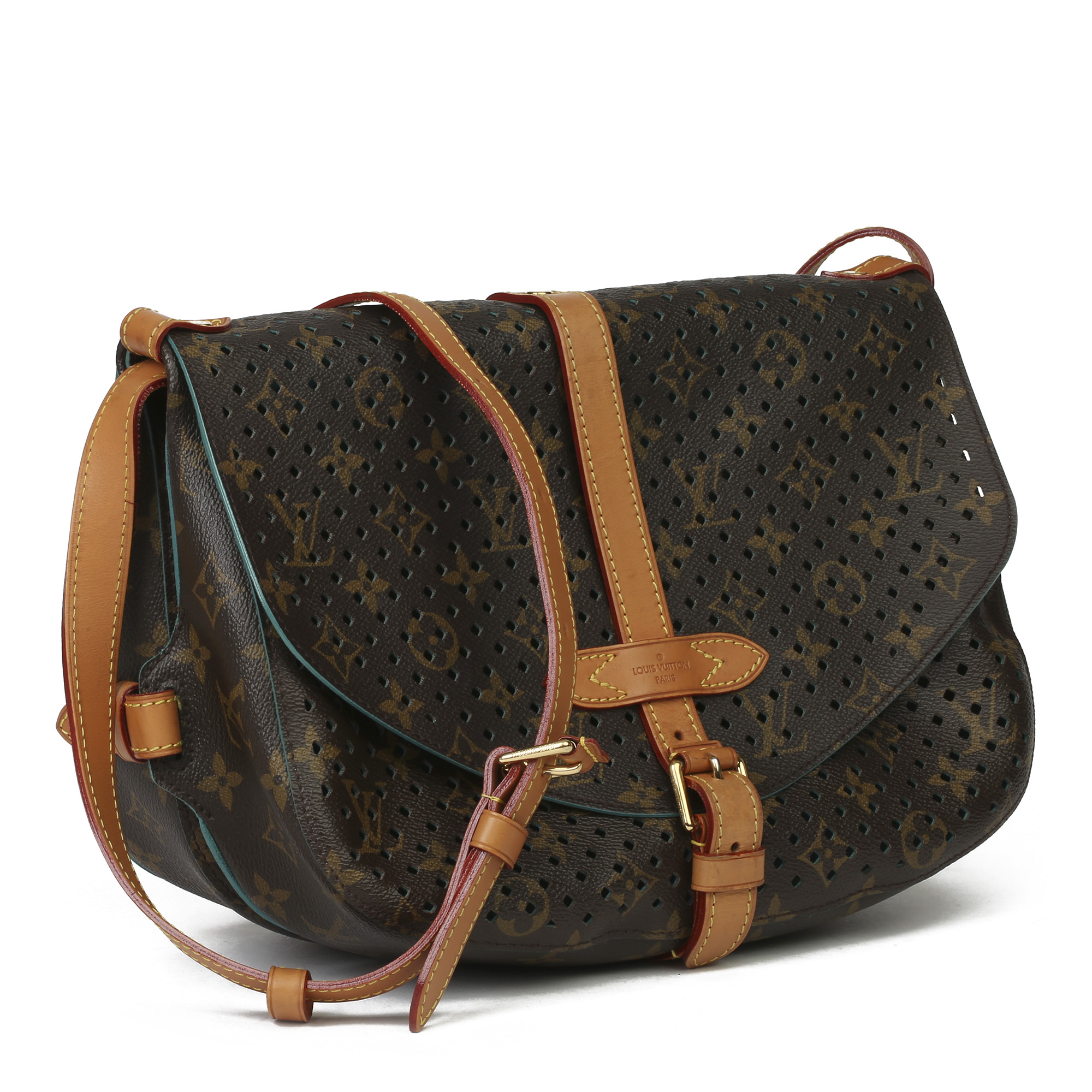 Louis Vuitton Brown Perforated Monogram Coated Canvas & Vachetta Leather Teal Saumur 30 - Image 14 of 14