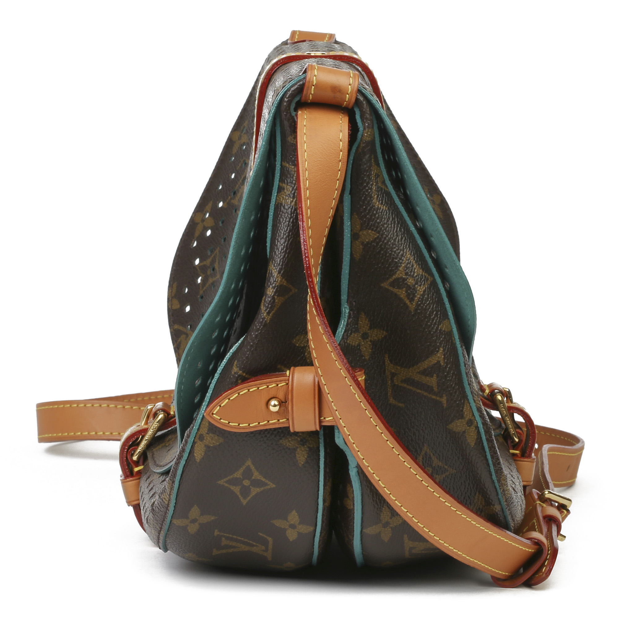 Louis Vuitton Brown Perforated Monogram Coated Canvas & Vachetta Leather Teal Saumur 30 - Image 13 of 14