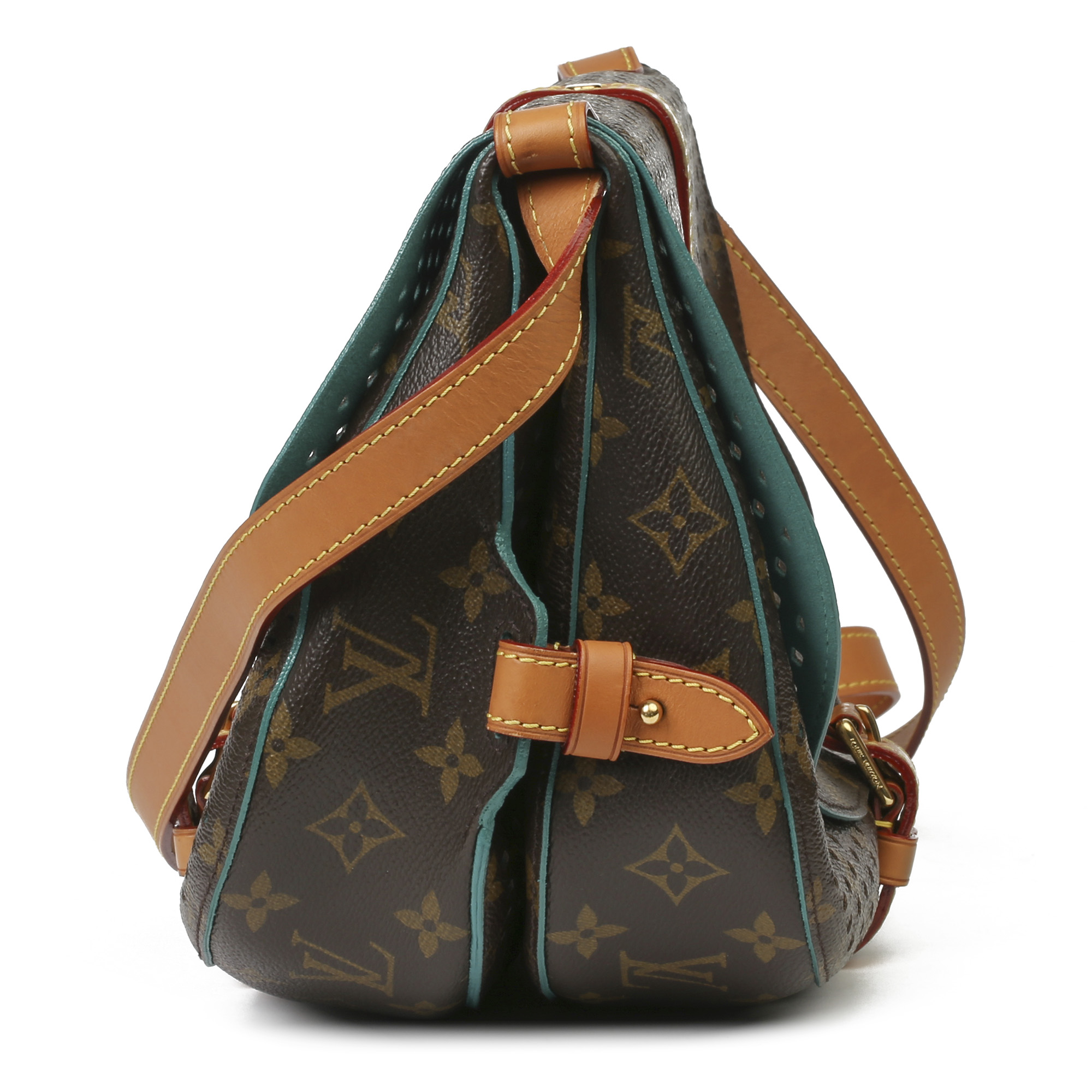 Louis Vuitton Brown Perforated Monogram Coated Canvas & Vachetta Leather Teal Saumur 30 - Image 12 of 14