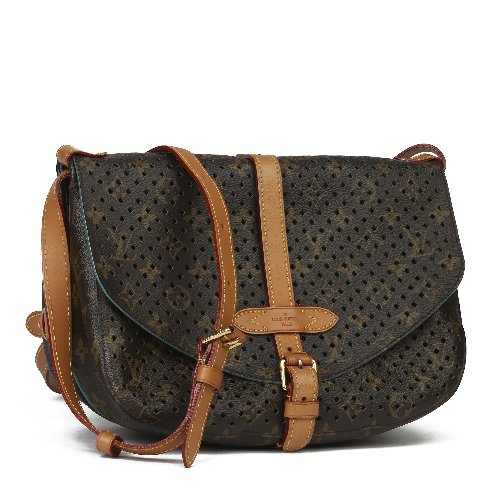Louis Vuitton Brown Perforated Monogram Coated Canvas & Vachetta Leather Teal Saumur 30 - Image 11 of 14