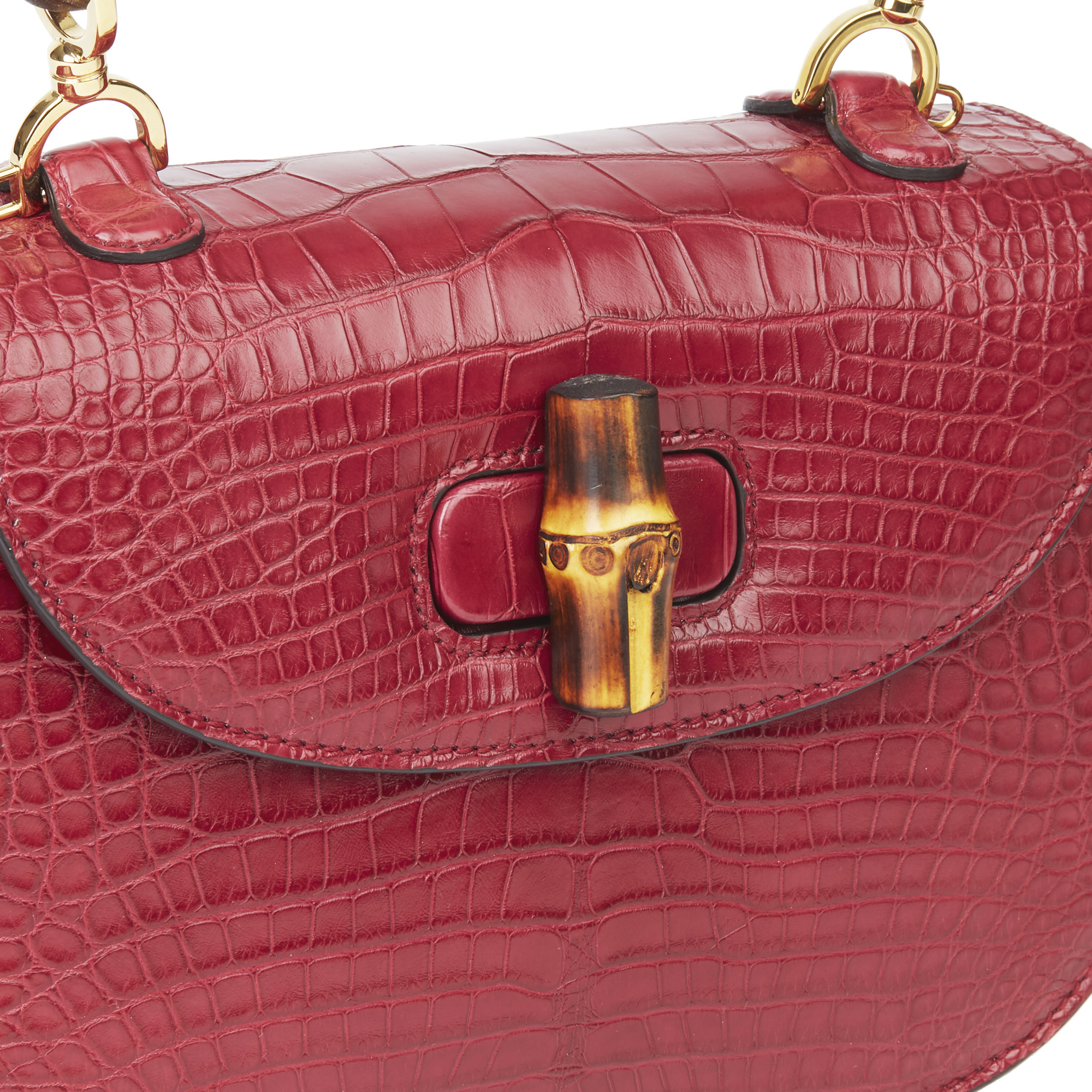 Gucci Burgundy Alligator Leather Bamboo Classic Top Handle - Image 8 of 12