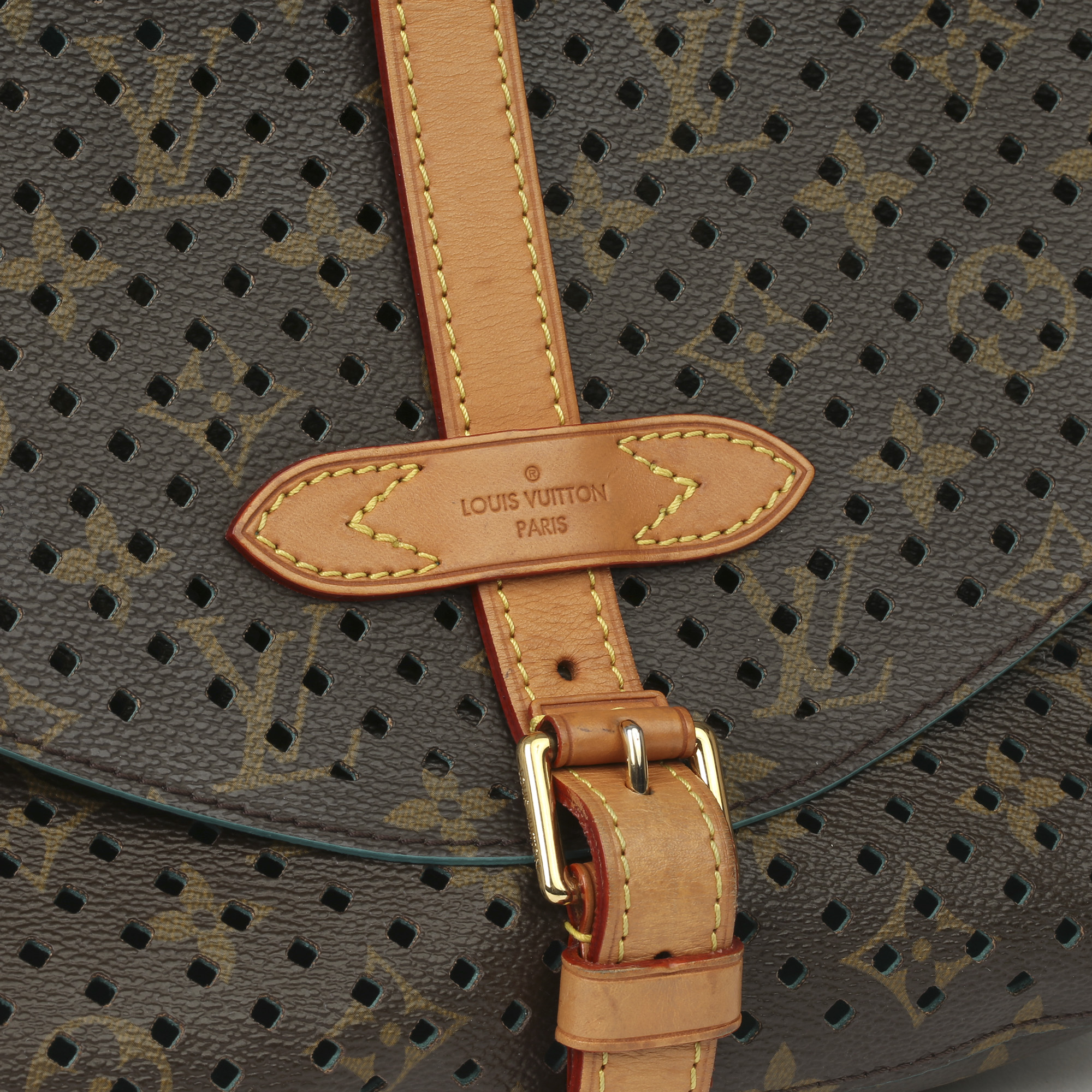 Louis Vuitton Brown Perforated Monogram Coated Canvas & Vachetta Leather Teal Saumur 30 - Image 6 of 14