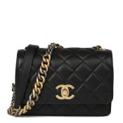 Chanel Black Quilted Lambskin Mini Flap Bag With Gold Pearl Pouch