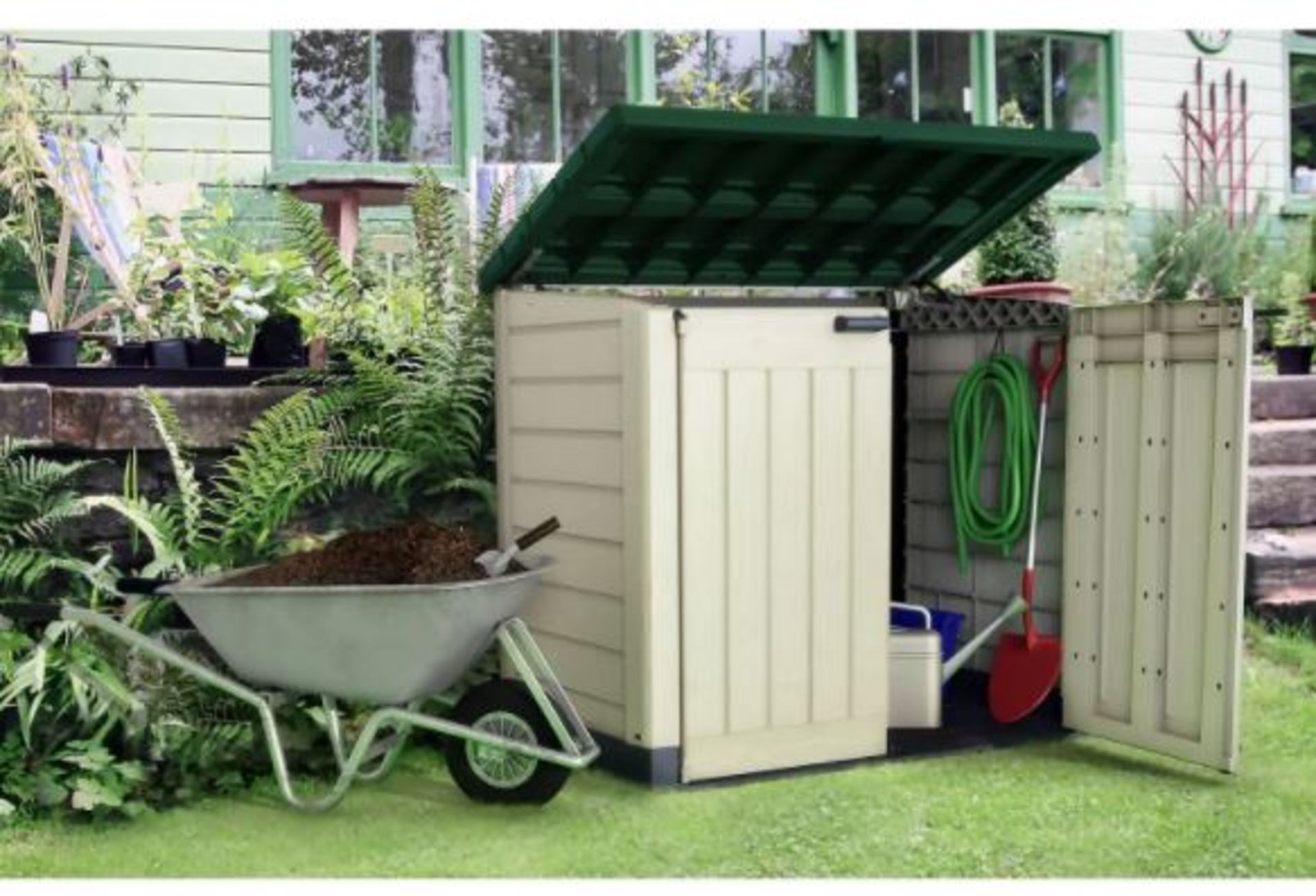 1x Keter Store It Out Max RRP £160. 1200L Beige And Green (H125x W145.5x D82cm)