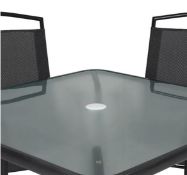 (R5E) Miami Charcoal Patio Items. 2x Toughened Glass Black Table. 2x Folding Black Mesh Chairs. 2x