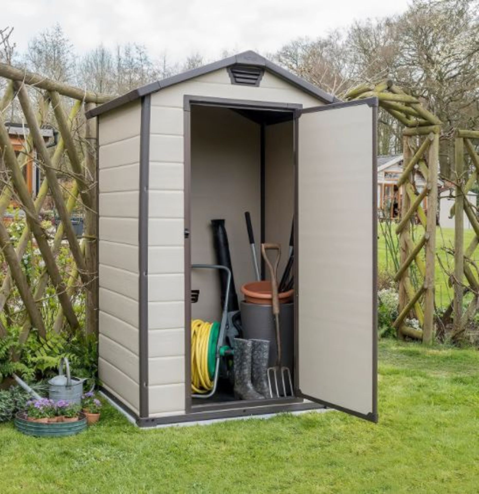(R2H) 1x Keter Manor Apex Maintenance Free Shed 4x3 RRP £265. Beige And Brown (L94x W128x H196cm)