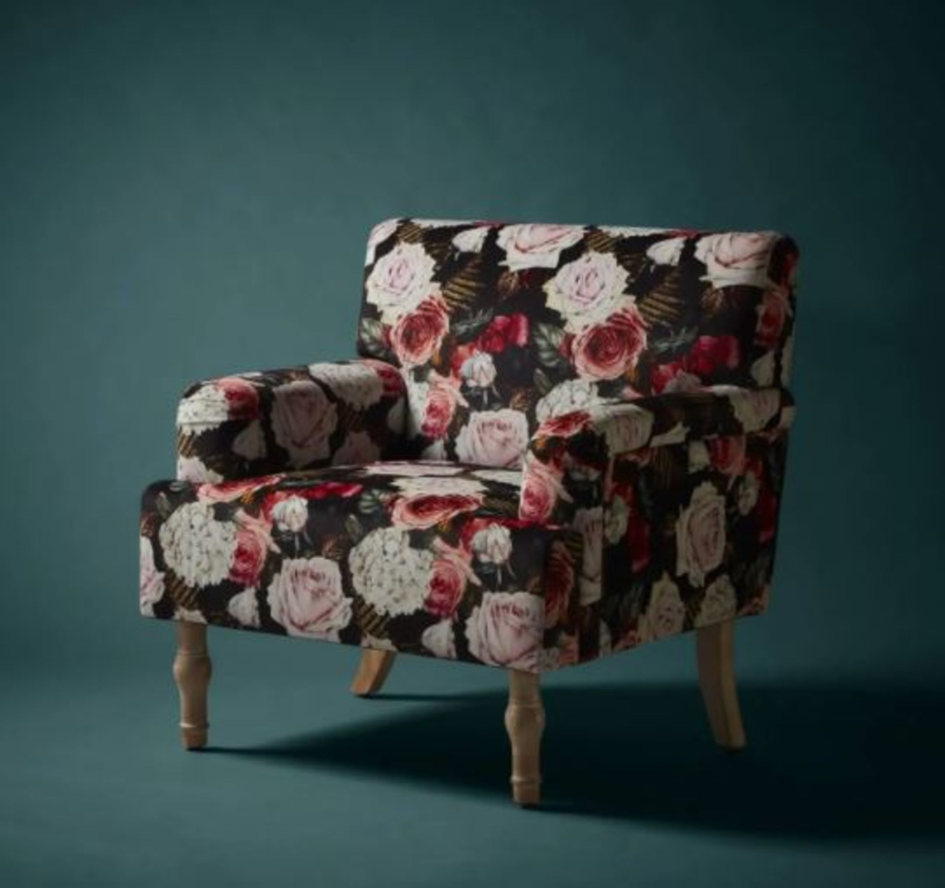 (R5J) 1x Elizabeth Floral Occasional Chair RRP £150. Patterned Velvet Chair. Whitewash Rubberwood