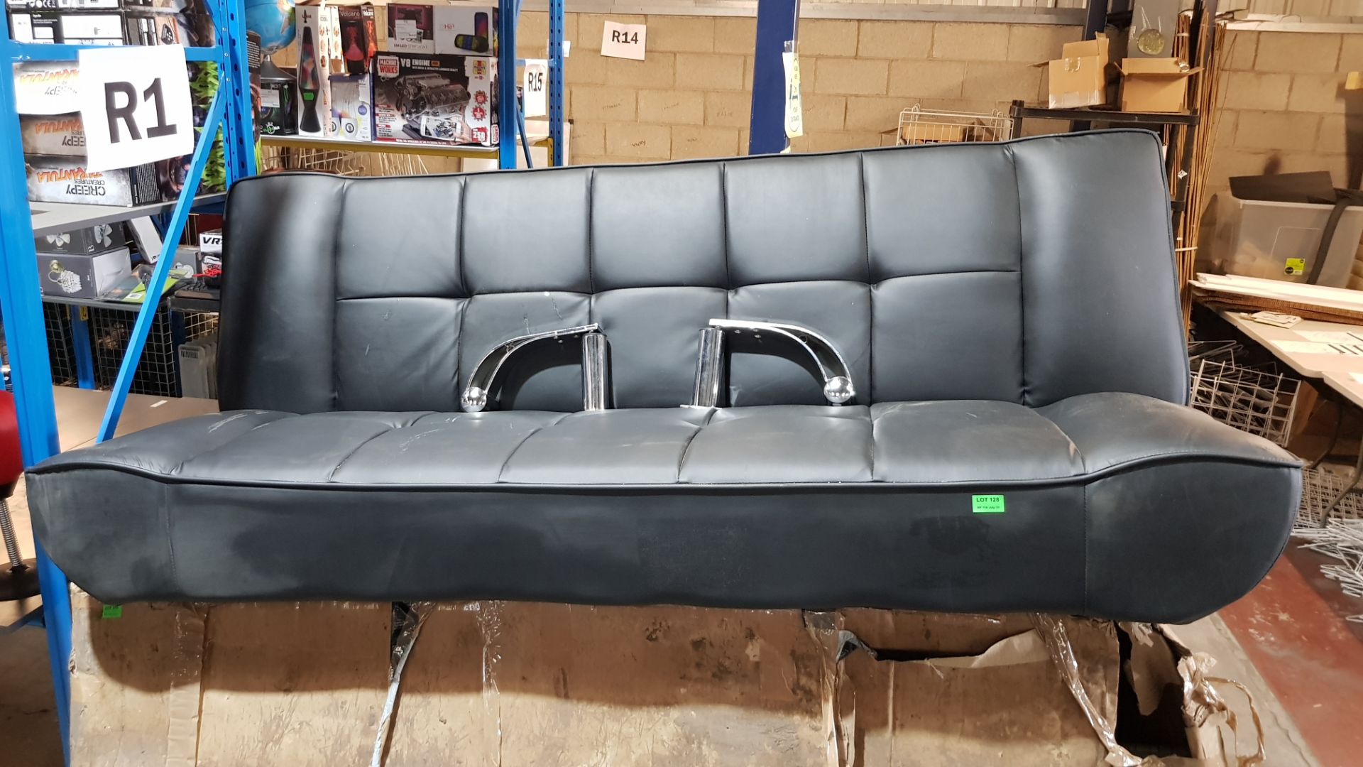 (R1) 1x Vogue Sofa Bed Faux Leather Black RRP £340. With Curved Chrome Legs (No Fixings). Unit Ha - Image 2 of 5