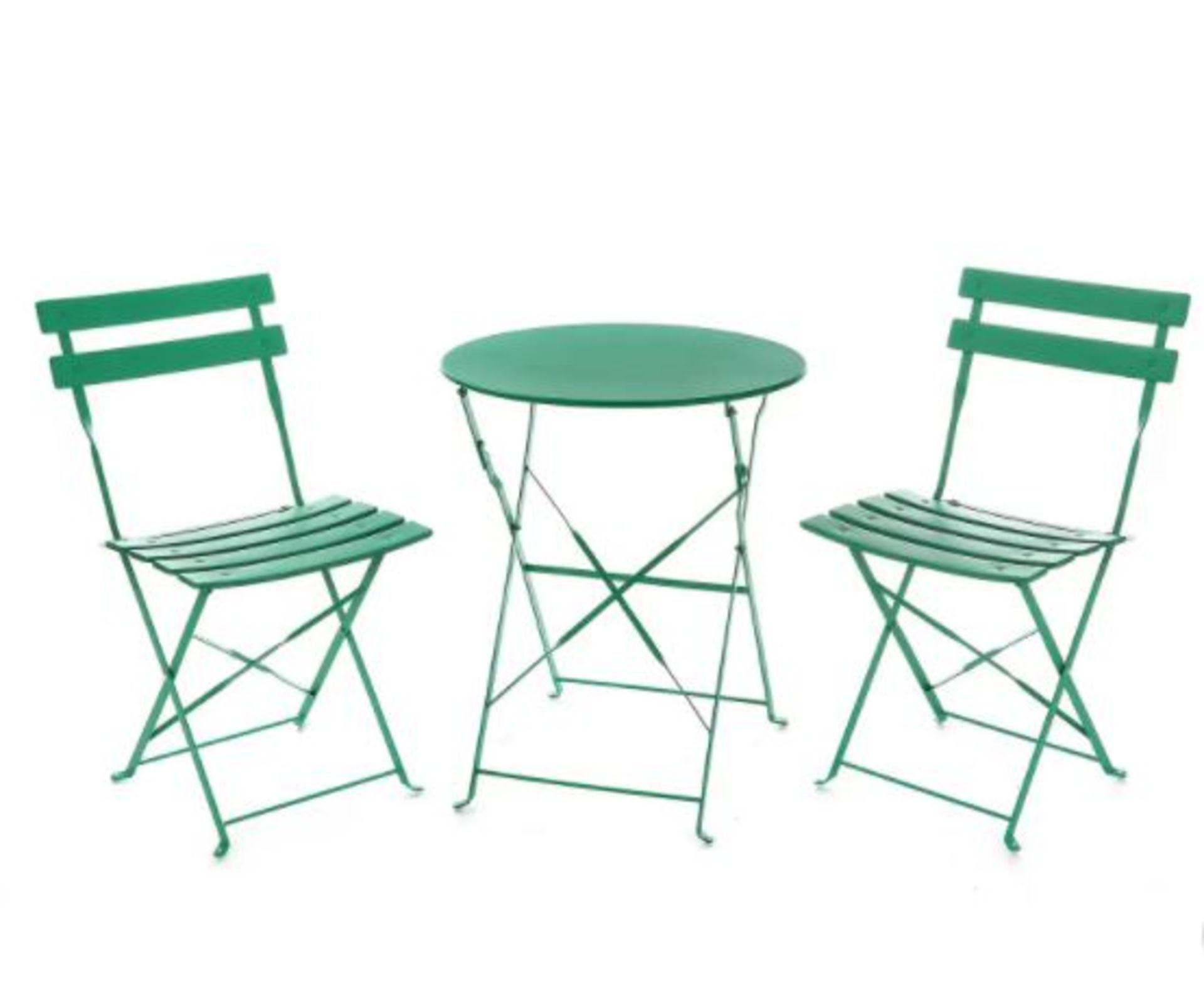 (R8A) 1x Lazio Bistro Set Green RRP £85. Powder Coated Steel Frame. Foldable Units For Easy Storag