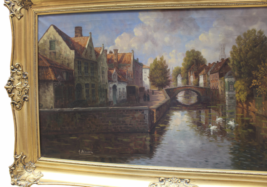 Atmospheric Bruges Canal Landscape Oil on Canvas - Image 2 of 16