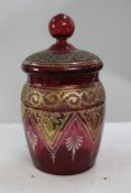 Gilded Venetian Cranberry Glass Lidded Jar