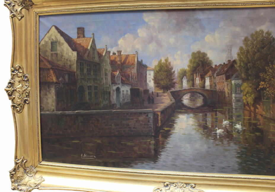 Atmospheric Bruges Canal Landscape Oil on Canvas - Image 10 of 16