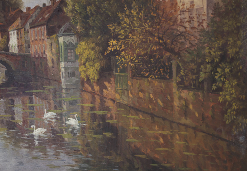 Atmospheric Bruges Canal Landscape Oil on Canvas - Image 13 of 16