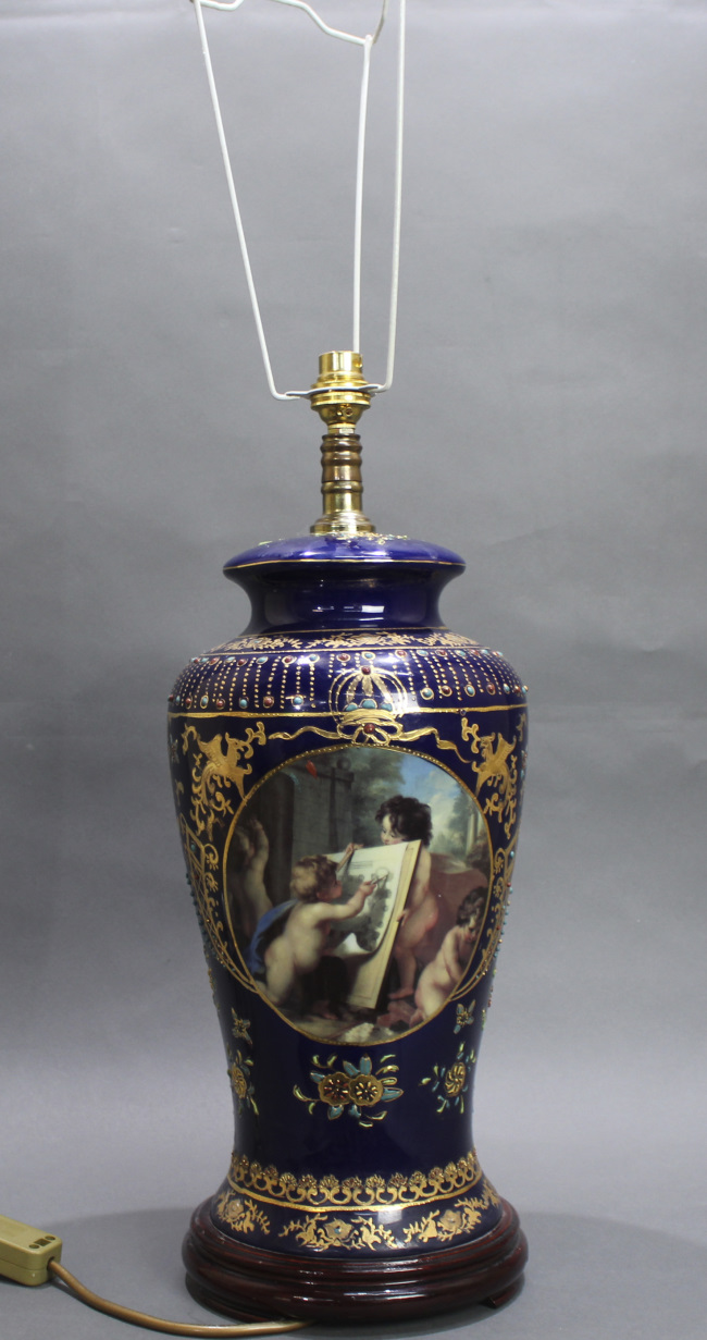 Decorative Jewelled Cobalt Porcelain Table Lamp - Image 2 of 4