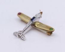 Diamond & Semi Precious Stone Set Gold Aeroplane Brooch