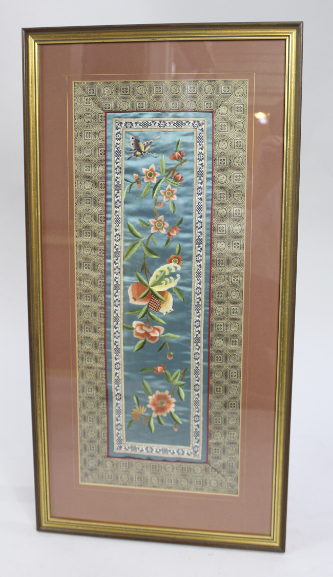 Oriental Silk Needlework Wall Hanging in Gilt Frame