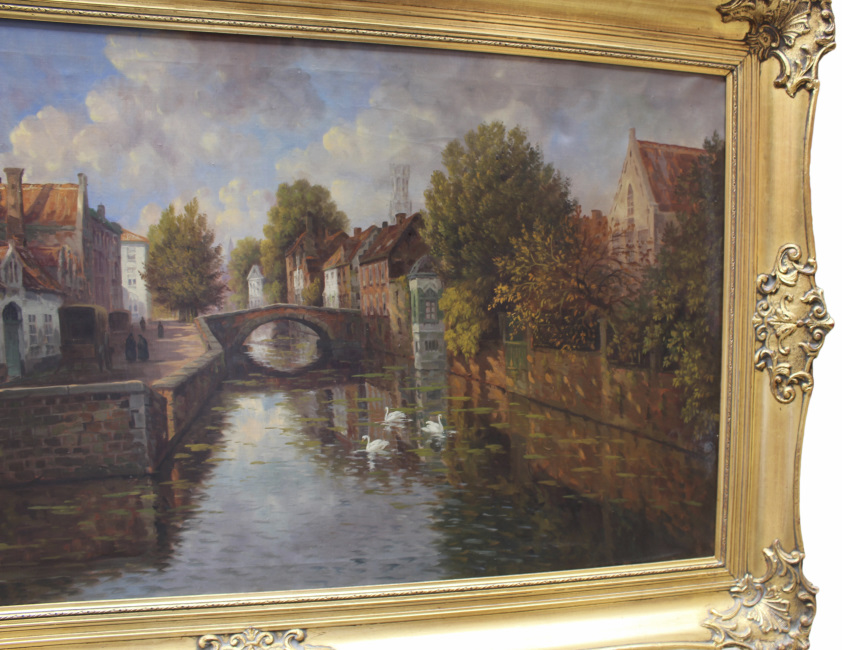 Atmospheric Bruges Canal Landscape Oil on Canvas - Image 3 of 16