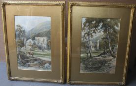 Pair Watercolours Henry Pope (British,1843-1908) Vale Crucis Abbey