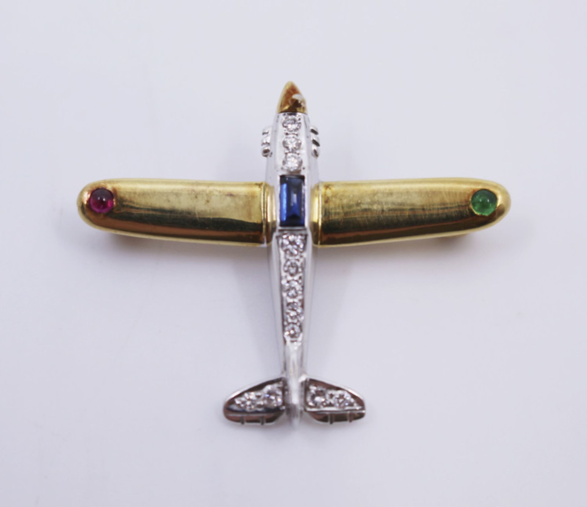 Diamond & Semi Precious Stone Set Gold Aeroplane Brooch - Image 5 of 6
