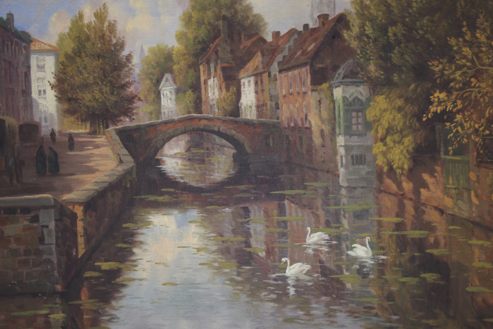 Atmospheric Bruges Canal Landscape Oil on Canvas - Image 4 of 16