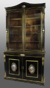 French Brass Inlaid Ebonized Bookcase with Sevres Plaques c.1820