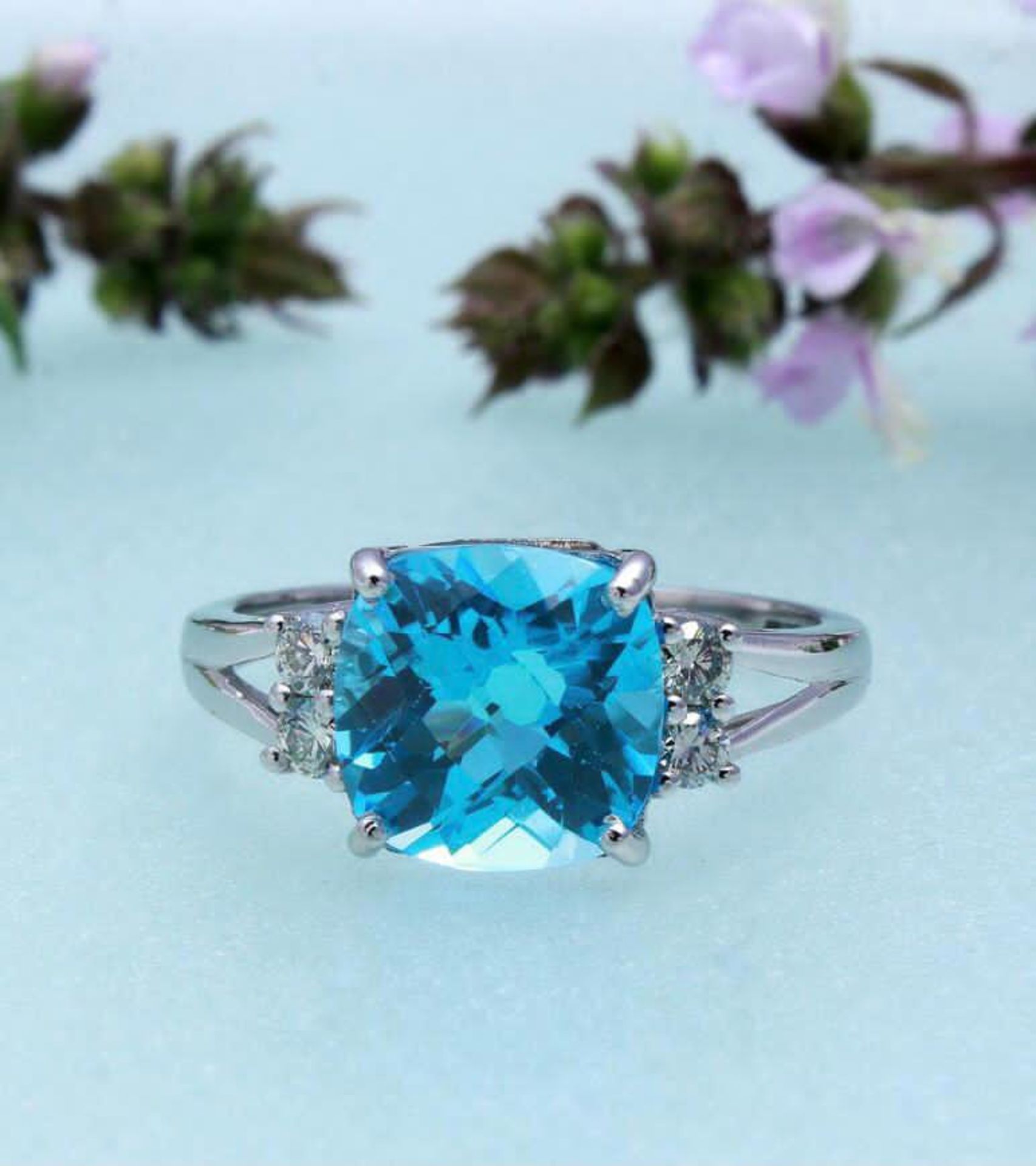Beautiful Natural Blue Topaz Ring With Diamonds And 18k White Gold - Image 2 of 3