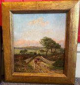 Oil painting signed with monogram, cattle drover and cows on a Scottish country track.