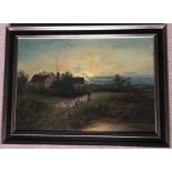 Large English school unsigned landscape oil painting - Feeding The Ducks