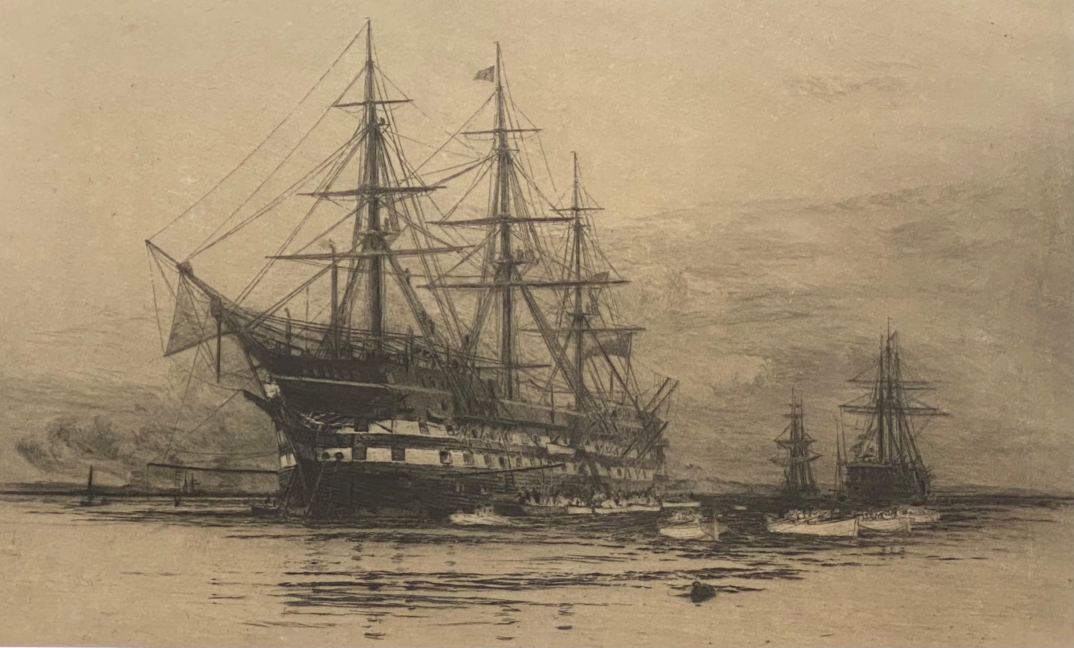 Etching attributed to William Lionel Wyllie depicting a training ship at anchor - Image 3 of 3