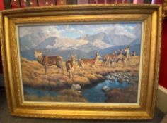 Large Peter Munro (Scottish) oil on canvas, stag and hinds by a mountain burn