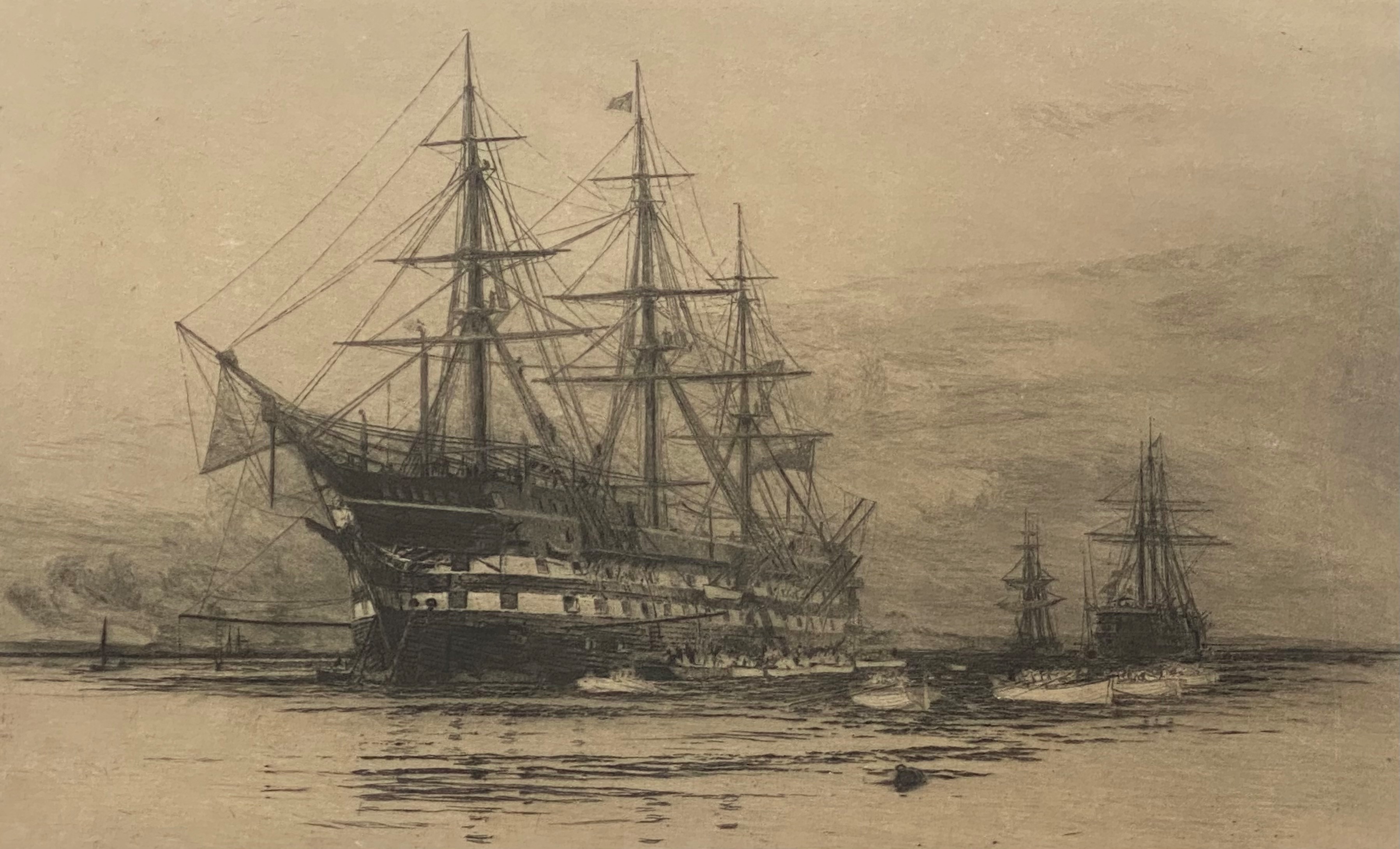 Etching attributed to William Lionel Wyllie depicting a training ship at anchor - Image 2 of 3
