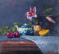 Peter Munro Contemporary Scottish Artist, Oil Still Life Little Blue Tea Pot