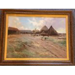 Large Robert Russell McNee (1880-1952, Scottish) signed oil painting Stacking the Hay