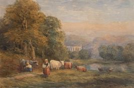 David Cox 1809-1885 British Signed watercolour The goat herders