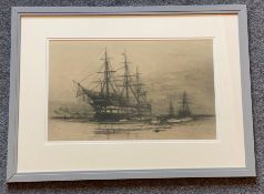 Etching attributed to William Lionel Wyllie depicting a training ship at anchor