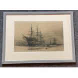 Etching attributed to William Lionel Wyllie depicting a training ship at anchor