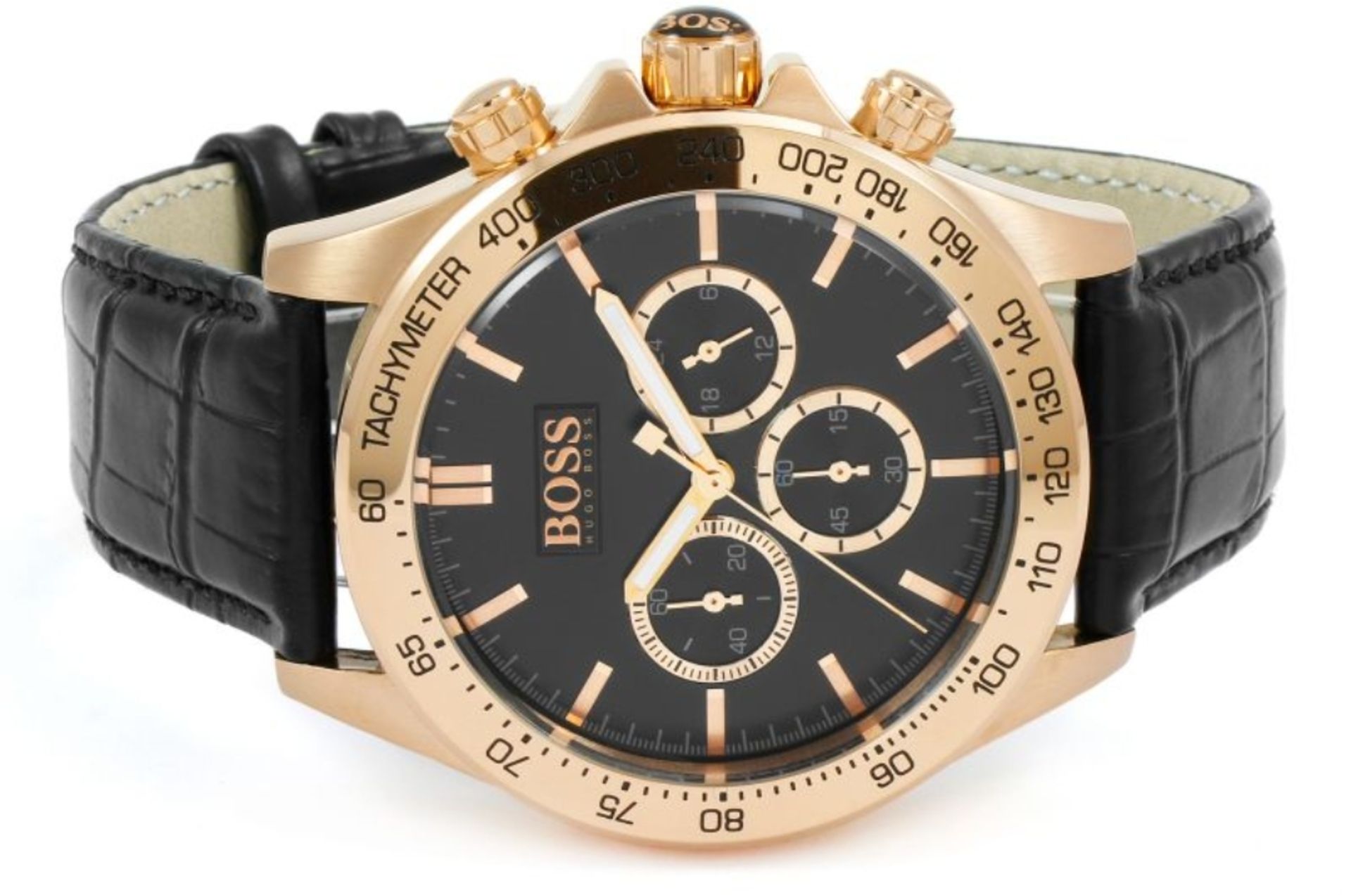 Hugo Boss 1513179 Men's Ikon Rose Gold Bezel Black Leather Strap Chronograph Watch - Image 2 of 5