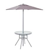 (R3I) 1x Andorra Round Table And Parasol. Powder Coated Steel Frame. Toughened Glass Table Top. Tab