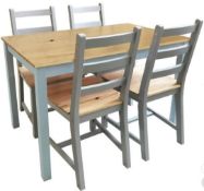 (R10I) 1x Mortimer Pine Dining Set With 4 Chairs RRP £200. Solid Wood Chairs with Cool Grey Paint